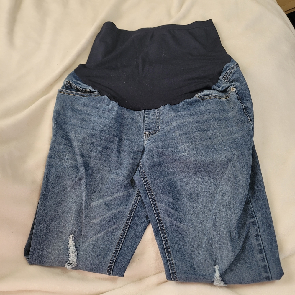 Time Tru Maternity Jeans Sz 8 10 Medium Blue‎ Distressed Denim Pregnancy Pants - Picture 2 of 6